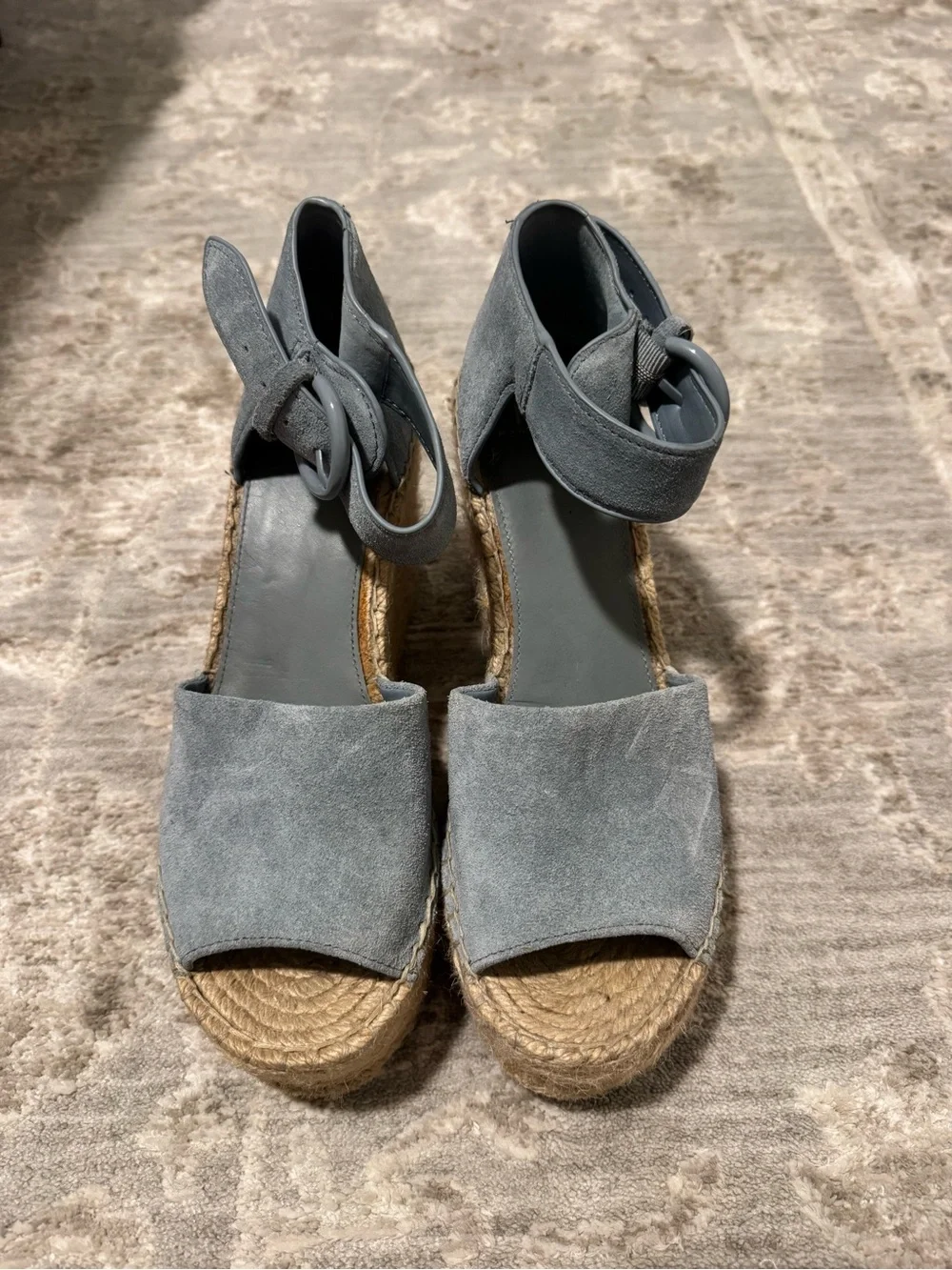 Marc Fisher Powder Blue Suede Espadrille Wedge Sandals with Ankle Buckle